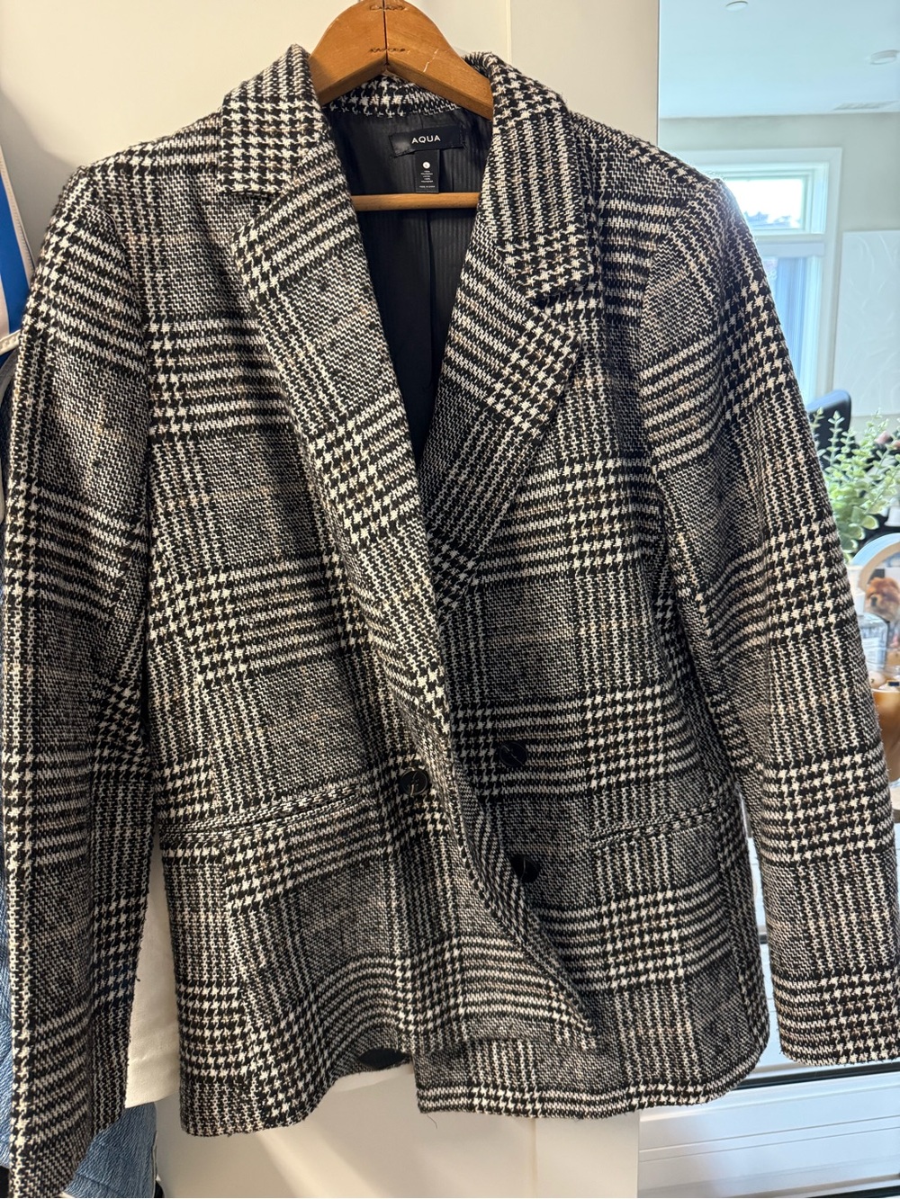 Aqua Black and White Plaid Tailored Blazer